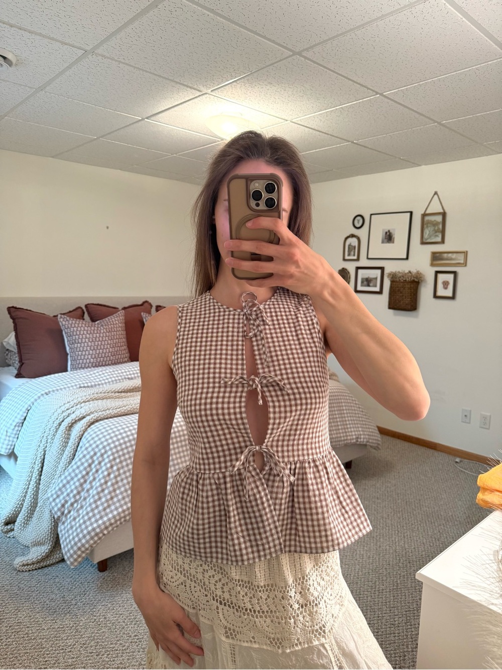 Princess Polly Gingham Tie-Front Peplum Top